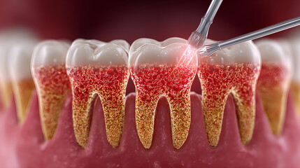 Dental Precision: A detailed illustration showcasing the intricacies of dental care, highlighting the root, enamel and gum line and promoting oral hygiene and health awareness.