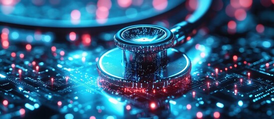 A stethoscope placed on a glowing, futuristic circuit board representing the intersection of healthcare and technology.