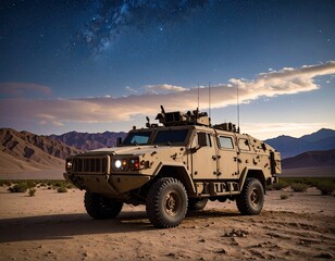 Fototapeta premium Military vehicle in desert at night