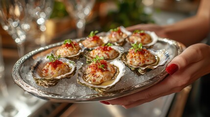 Premium oyster presentation showcasing fresh mollusks topped with red caviar garnish on crushed ice served on elegant metallic platter