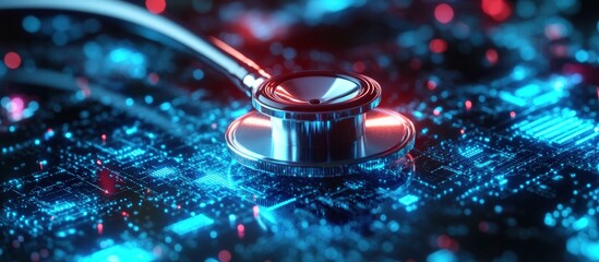 A stethoscope resting on a glowing digital circuit board symbolizes the fusion of healthcare and technology.