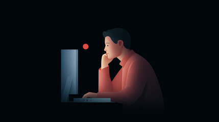 A thoughtful person works late at a computer in a dark room, illuminated by the screen's glow and a subtle red light, conveying focus or solitude.