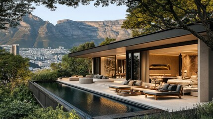 Modern luxury home with pool overlooking city and mountains