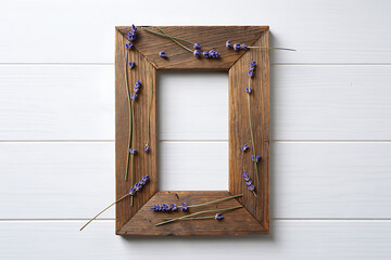 Rustic Wooden Frame with Lavender Flowers on White Background