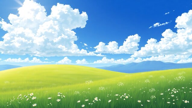 Vibrant green rolling hills under a bright blue sky with fluffy white clouds