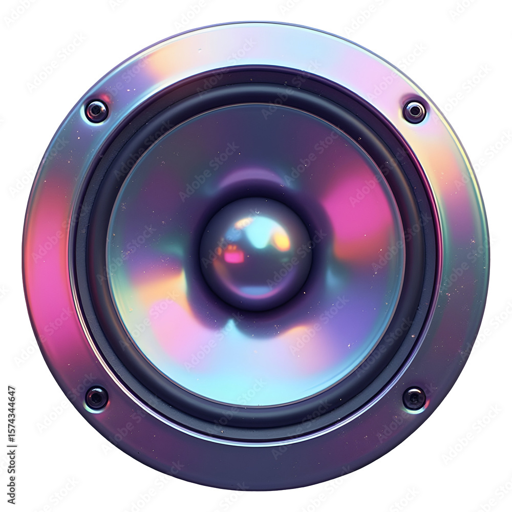Poster vibrant iridescent speaker design with futuristic metallic sheen creating dynamic sound