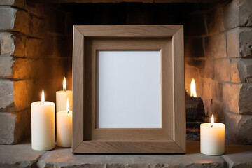 Empty Frame Mockup by Fireplace with Candles for Art Photo or Advertisement