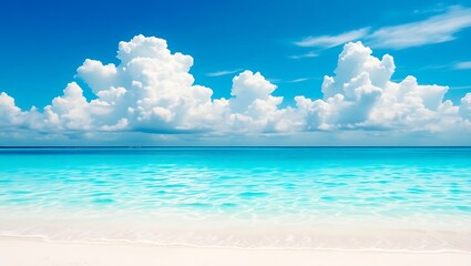 Obraz premium Tropical beach with turquoise water and fluffy white clouds under a clear blue sky