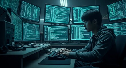 Cybersecurity Expert Working Late, Analyzing Code on Multiple Monitors. AI Generated