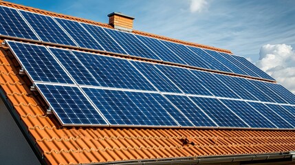 Residential solar systems photovoltaic panel array mounted on residential building clay tile roof