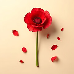 Top-down view of a single vibrant red carnation with scattered petals on a soft beige surface, minimal shadows