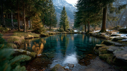  A winding path through the dense, lush forest leads to an ancient temple nestled among towering trees and vibrant green foliage. Sunlight filters down through the leaves, casting dappled shadows on t