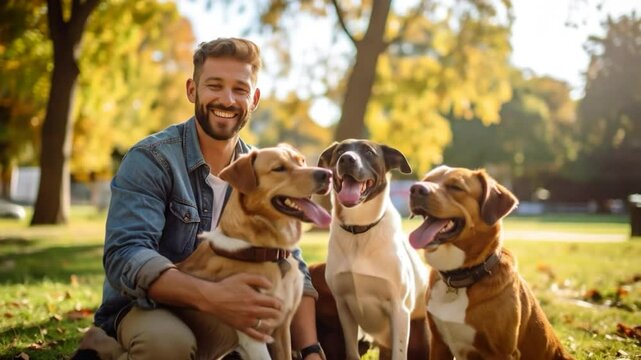 Smiling man sits on grass, hugging a tan dog. Two other dogs, also panting happily, sit nearby in a sunny park