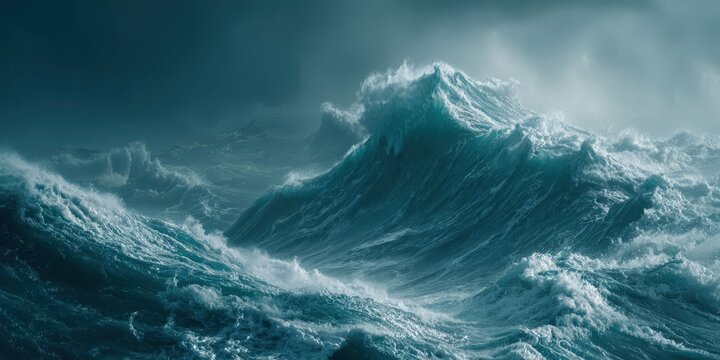 Titanic Ocean Storms: Giant Waves and Tsunami Under Dark Stormy Sky