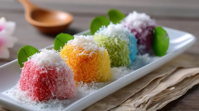 Rainbow Kue Putu: A vibrant row of Kue Putu, traditional Indonesian rice cakes, showcases a spectrum of colors, each delicately dusted with shredded coconut.