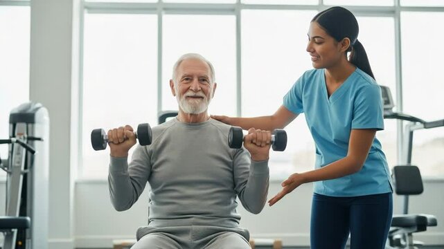 Elderly man lifts weights with the support of his immigrant caregiver during a gym session