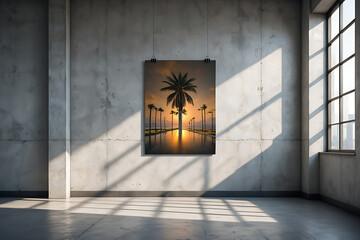 Palm Tree Sunset Poster in Modern Room with Window Light Background