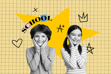 Contemporary artwork collage of happy schoolboy schoolgirl stand excellent mark back to school...