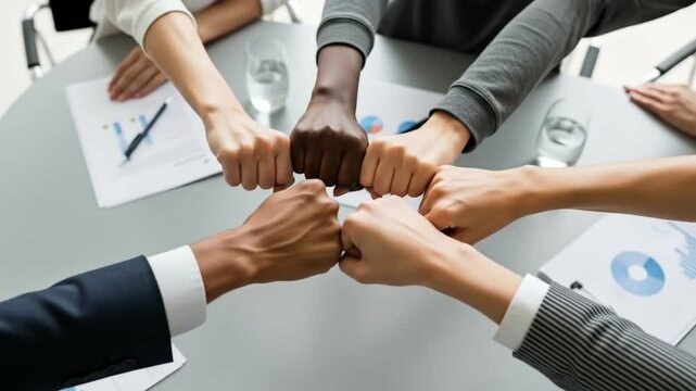 Diverse Team Unites Fists in Collaboration at Round Table, symbolizing teamwork concept with close-up view and copy space for business success.