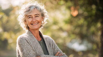 Smiling elderly woman with grey hair standing confidently outdoors with natural sunlight and soft focus background
