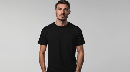 photo or illustration of a black t-shirt mock up with an adult male model on a white background