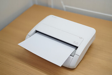 White Printer with Paper on Wooden Desk Modern Office Technology