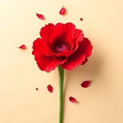 Top-down view of a single vibrant red carnation with scattered petals on a soft beige surface, minimal shadows