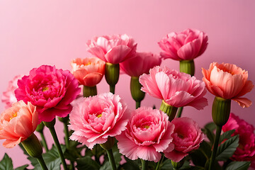 Vivid and clear photo of carnations arranged harmoniously with rich natural lighting, professional color tones 