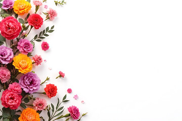 Overhead layout of multicolored carnations placed in flowing motion across one side, leaving the opposite side clear