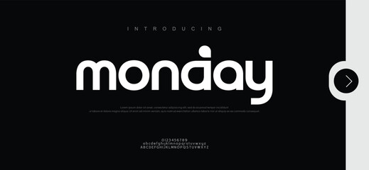 Monday Minimal modern logo alphabet font. Typography abstract minimalist sans serif technology, electronic, digital, music, movie, creative logos fonts.