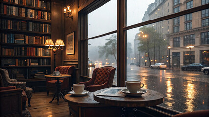 Cozy vintage library interior with rain outside armchair