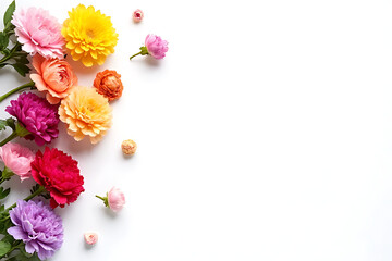 Overhead layout of multicolored carnations placed in flowing motion across one side, leaving the opposite side clear