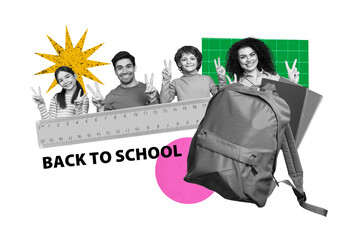 Sketch full design collage of happy classmates show peace gesture peek ruler mother father backpack...