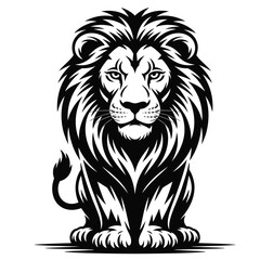 Black and white vector illustration of a majestic tribal lion with geometric mosaic patterns and intense expression on a white background