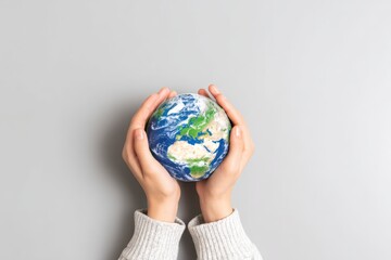 Two hands gently cradle a small globe, symbolizing care and responsibility for the Earth against a neutral background.