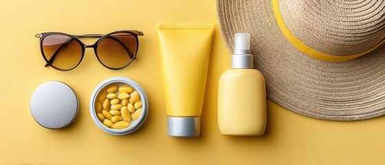 Sunglasses, sunscreen, and summer essentials on yellow backdrop