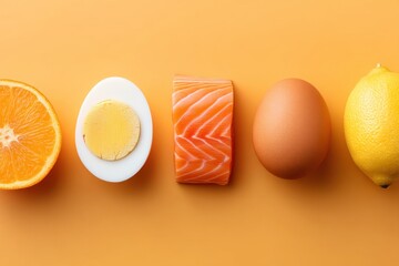 Fresh food flat lay with orange, egg, salmon, and lemon