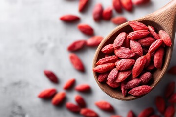 Dried goji berries in wooden spoon on tabletop