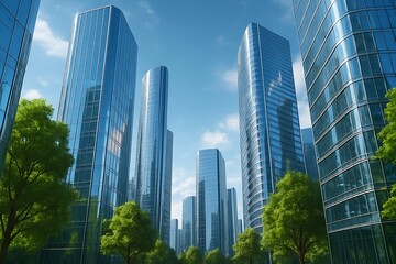 Digital Illustration of a Utopian Future City with Green Spaces and Reflective Skyscrapers