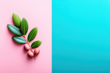 Branch with Green Leaves and Red Fruits on Pink and Blue Background