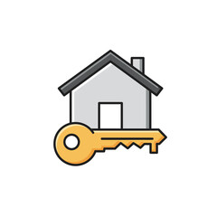 House with key icon. Rent symbol. Home key pictogram. Real estate symbol. Key house icon isolated on white background