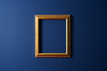 Gold Frame on Dark Blue Wall Empty Picture Frame Art Mockup Template