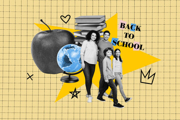 3d poster image full pop art collage of happy mother dad walk children schoolgirl schoolboy back to...