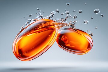 Vibrant capsules splashing in clear liquid on studio backdrop
