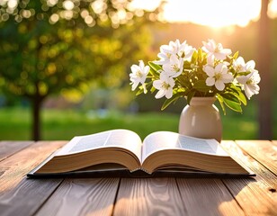 Open book with flowers on a wooden table
