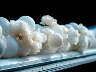 Multiple white balloons and peonies arranged outdoors in daylight