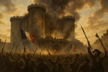 The Storming of the Bastille: A historical, dramatic depiction of the storming of the Bastille, where the fervor of revolutionary spirit meets the strength of a fortified prison