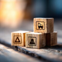 Wooden blocks representing truck, triangle, and hill outdoors