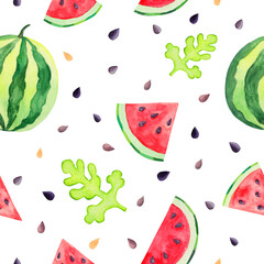 Watercolor watermelon pattern. Bright illustration of a whole watermelon, slices, seeds, leaves on a white background. Vivid colors of red, green.