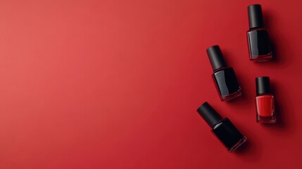 Nail polishes in bottles on color background, flat lay. Space for text